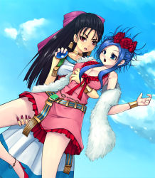 Rule 34 | 2girls, alternate hairstyle, bad id, bad pixiv id, black hair, blue eyes, blue hair, bow, breasts, cleavage, cloud, cosplay, costume switch, day, deborah (cosplay), deborah (dq5), dragon quest, dragon quest v, earrings, flora (cosplay), flora (dq5), flower, hair bow, hair flower, hair ornament, half updo, jewelry, large breasts, mahito, mole, mole under eye, multiple girls, pink bow, red eyes, rose, siblings, sisters, sky, yuri