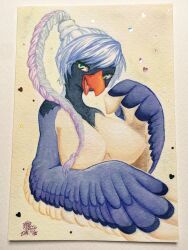 Rule 34 | 1girl, areola slip, artist name, beak, bird girl, black fur, blue fur, blue hair, blue wings, body fur, borrowed character, braid, braided ponytail, breasts, completely nude, dated, feathered wings, female focus, furry, furry female, green eyes, hair censor, half-closed eyes, hand to own mouth, hand up, happy, heart, high ponytail, highres, ingi, large breasts, long hair, looking at viewer, multicolored fur, multicolored hair, nude, open mouth, original, photo (medium), purple hair, sidelocks, signature, simple background, smile, solo, swept bangs, traditional media, two-tone hair, upper body, white fur, winged arms, wings, yellow background