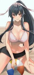 1girl ball beach beachball bikini black_hair breasts cleavage commentary_request hair_ribbon highres kantai_collection kasumi_(skchkko) large_breasts long_hair looking_at_viewer navel outdoors parted_lips ponytail ribbon sitting smile solo swimsuit very_long_hair wariza wet white_bikini white_ribbon yahagi_(kancolle) yahagi_kai_ni_(kancolle)