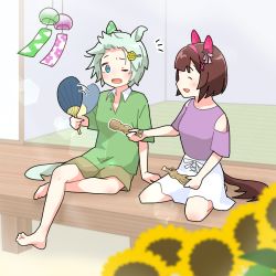 Rule 34 | 2girls, ^ ^, animal ears, barefoot, blue eyes, blurry, blurry foreground, blush, breasts, brown hair, brown shorts, closed eyes, clothing cutout, collared shirt, ear covers, fanning self, flower, green hair, green shirt, hair ornament, hairclip, hand fan, highres, horse ears, horse girl, horse tail, lens flare, multiple girls, nishino flower (umamusume), notice lines, one eye closed, ooishi oil, papico (ice cream), seiun sky (umamusume), shirt, short hair, short sleeves, shorts, shoulder cutout, sideways mouth, sitting, skirt, small breasts, sunflower, tail, umamusume, veranda, wariza, white skirt, wind chime