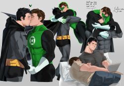 Rule 34 | 2boys, absurdres, ass, bara, batman, batman (series), bed, black bodysuit, black cape, black gloves, black hair, black shirt, blush, bodysuit, brown hair, brown shirt, bruce wayne, cape, closed eyes, closed mouth, couple, covered abs, dc comics, domino mask, english text, facial hair, gloves, green bodysuit, green lantern, green lantern (series), grey background, grey bodysuit, hal jordan, haljordanmylove, heart, highres, holding hands, hug, hug from behind, jewelry, kiss, large pectorals, looking at another, lying, male focus, mask, multiple boys, muscular, muscular male, on bed, on side, pectorals, pillow, ring, shirt, short hair, simple background, sleeping, smile, superhero costume, two-tone bodysuit, white gloves, yaoi