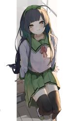 Rule 34 | 1girl, absurdres, ahoge, alternate costume, arm support, black hair, black thighhighs, blush, classroom, closed mouth, desk, foreshortening, from above, full body, green hairband, green sailor collar, green skirt, hairband, half-closed eyes, highres, long hair, long sleeves, looking at viewer, looking up, neck ribbon, on desk, pillarboxed, pink ribbon, pocche-ex, ribbon, sailor collar, school desk, school uniform, serafuku, shirt, shoes, sidelighting, sidelocks, sitting, on desk, skirt, smile, solo, thighhighs, touhoku zunko, uwabaki, voiceroid, white shirt, window, wooden floor, yellow eyes