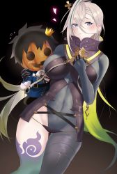 Rule 34 | 1boy, 1girl, asymmetrical clothes, black hair, bodysuit, breasts, covered navel, crown, fate/grand order, fate (series), fujimaru ritsuka (male), fujimaru ritsuka (male) (halloween royalty), gradient hair, green hair, grey bodysuit, grey eyes, hair between eyes, hair ornament, hairpin, heart, high collar, highleg, highres, huyan zhuo (fate), huyan zhuo (second ascension) (fate), jack-o&#039;-lantern, large breasts, long hair, looking at viewer, mini crown, multicolored hair, oxygen mask (oxygenmask233), pumpkin, short hair, single pantsleg, smile, streaked hair, thighs, very long hair, white hair