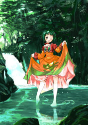 Rule 34 | 00s, 1girl, ayase makoto, bad id, bad pixiv id, brown eyes, choker, clothes lift, cropped jacket, dress, dress lift, farah oersted, forest, green hair, nature, one eye closed, orange dress, short hair, smile, solo, tales of (series), tales of eternia, tree, water, wink