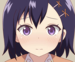 Rule 34 | 1girl, bad id, bad pixiv id, black hair, blush, brown background, brown sweater, close-up, commentary request, gabriel dropout, hair ornament, highres, looking at viewer, poa mellhen, portrait, purple eyes, shirt, short hair, simple background, solo, sweater, tareme, vignette tsukinose april, wavy mouth, white shirt, x hair ornament