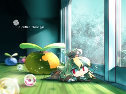 Rule 34 | 1girl, blonde hair, leg up, long hair, looking at viewer, lying, marble (toy), mini person, minigirl, okome (kome kuma), on stomach, original, plant, potted plant, red eyes, solo