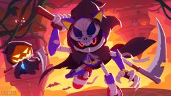 Rule 34 | bandages, bat (animal), bat wings, big the cat, black sclera, cape, claws, colored sclera, commentary request, halloween, highres, holding, holding scythe, hood, jack-o&#039;-lantern, looking at viewer, mechanical arms, metal sonic, official art, plant, pumpkin, red eyes, robot, scythe, skull, sonic (series), uno yuuji, vines, wings
