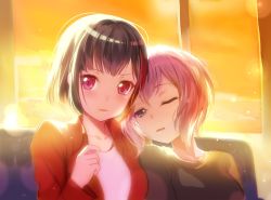 Rule 34 | 10s, 2girls, aoba moca, bang dream!, black hair, black shirt, blue eyes, blush, grey hair, half-closed eyes, head on another&#039;s shoulder, highres, izu (izzzzz27), jacket, leaning on person, lens flare, looking away, looking to the side, mitake ran, multicolored hair, multiple girls, one eye closed, parted lips, pink hair, red eyes, red hair, red jacket, shirt, short hair, sitting, sleepy, streaked hair, sunset, upper body, window