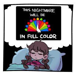 Rule 34 | 1girl, bed, bird, braid, brown hair, closed eyes, dreaming, highres, long hair, madotsuki, nancy (comic strip), nbc, peacock, peargor, pillow, pink sweater, solo, sweater, thought bubble, turtleneck, twin braids, yume nikki