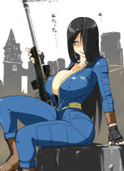 Rule 34 | 1girl, black hair, bolt-action rifle, bolt action, breasts, brown eyes, building, bullet, exposed chest, fallout (series), fallout 4, fingerless gloves, gloves, gun, hair over one eye, highres, japanese text, jumpsuit, large breasts, long hair, numbers, open mouth, post-apocalypse, rifle, rock, saka, sniper rifle, sole survivor (female), translation request, vault suit, very long hair, weapon, white background