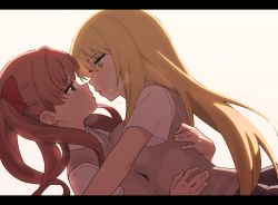 Rule 34 | 2girls, after kiss, blonde hair, blush, bow, breasts, brown vest, couple, female focus, flat chest, french kiss, hair bow, highres, hug, kiss, large breasts, letterboxed, looking at another, multiple girls, open mouth, profile, red bow, red hair, saliva, saliva swap, saliva trail, school uniform, shirai kuroko, shirt, shokuhou misaki, short sleeves, simple background, sleepy frippy, toaru kagaku no railgun, toaru majutsu no index, tokiwadai school uniform, tongue, tongue out, twintails, vest, white background, white shirt, yuri