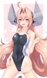 Rule 34 | 1girl, black one-piece swimsuit, breasts, drum (kancolle), garrison cap, gluteal fold, grey eyes, hair ornament, hair rings, hat, headgear, highres, kantai collection, long hair, medium breasts, mesera, one-piece swimsuit, open mouth, pink background, pink hair, smile, solo, star (symbol), star hair ornament, swimsuit, very long hair, white background