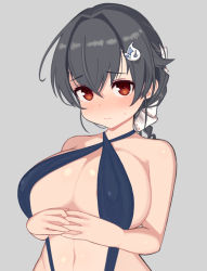 Rule 34 | 1girl, alternate costume, black hair, blue one-piece swimsuit, blush, breasts, curvy, grey background, hair flaps, hair ornament, highres, jingei (kancolle), kantai collection, large breasts, long hair, navel, one-piece swimsuit, red eyes, rose neru, simple background, slingshot swimsuit, solo, sweatdrop, swimsuit, upper body