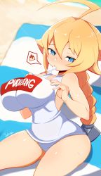 Rule 34 | 1girl, beach, blazblue, blonde hair, blue eyes, braid, braided ponytail, breasts, clothes writing, eating, es (xblaze), food, highres, jellcaps, large breasts, long hair, shiny skin, solo, solo focus, swimsuit, towel, xblaze