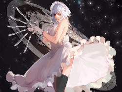 Rule 34 | 1girl, alternate costume, backless dress, backless outfit, bare arms, bare shoulders, black background, black thighhighs, clock, dress, finger to mouth, frilled skirt, frills, garter straps, gears, gloves, highres, izayoi sakuya, knife, light particles, lipstick, maid headdress, makeup, purple eyes, red lips, roman numeral, sayer-s, short hair, silver hair, skirt, smile, solo, thighhighs, touhou, white dress, white gloves