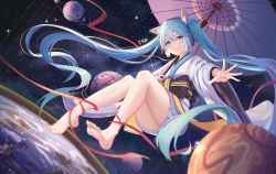 Rule 34 | 1girl, absurdly long hair, animal ear fluff, animal ears, barefoot, blue eyes, blue hair, cat girl, feet, full body, hair between eyes, hatsune miku, highres, japanese clothes, long hair, looking at viewer, mobu (wddtfy61), oil-paper umbrella, outstretched arm, solo, space, thighs, twintails, umbrella, very long hair, vocaloid