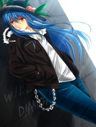 Rule 34 | 1girl, alternate costume, blue hair, chain, contemporary, denim, female focus, food, fruit, hands in pockets, hat, highres, hinanawi tenshi, jacket, jeans, leaning back, long hair, long sleeves, nekominase, open clothes, open jacket, pants, peach, pink eyes, shirt, solo, touhou, wall