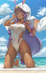 Rule 34 | 1girl, absurdres, animal ears, bare legs, barefoot, beach, blue sky, breasts, closed mouth, cloud, cloudy sky, collarbone, competition swimsuit, covered navel, dark-skinned female, dark skin, day, earrings, facial mark, fate/grand order, fate (series), free style (yohan1754), gluteal fold, hair tubes, hairband, highres, hood, hoodie, hoop earrings, jewelry, kneeling, long hair, looking at viewer, low-tied long hair, medium breasts, necklace, nitocris (fate), nitocris (fate/grand order), nitocris (swimsuit assassin) (fate), nitocris (swimsuit assassin) (second ascension) (fate), one-piece swimsuit, outdoors, purple eyes, purple hair, sidelocks, sky, smile, solo, swimsuit, taut clothes, taut swimsuit, very long hair, white one-piece swimsuit