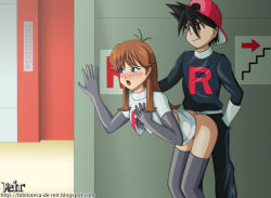 Rule 34 | 1boy, 1girl, artist name, ass, backwards hat, bent over, blue eyes, blush, brown hair, clothed sex, clothes lift, cosplay, creatures (company), elbow gloves, game freak, gloves, green (pokemon), grey gloves, grey thighhighs, hat, hetero, long hair, nintendo, no panties, open mouth, pokemon, pokemon adventures, red (pokemon), reit, sex, skirt, skirt lift, team rocket, team rocket (cosplay), thighhighs