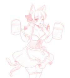 Rule 34 | 1girl, ;d, alternate costume, animal ears, apron, beer mug, blush, bow, braid, breasts, cat ears, cleavage, corset, cowboy shot, cup, dual wielding, feet out of frame, hair bow, hair ribbon, hands up, holding, holding cup, isaki (gomi), kaenbyou rin, long hair, looking at viewer, medium breasts, monochrome, mug, multiple tails, nekomata, one eye closed, open mouth, puffy short sleeves, puffy sleeves, ribbon, short sleeves, simple background, smile, solo, tail, thighhighs, tongue, touhou, tress ribbon, twin braids, twintails, two tails, waist apron, white background