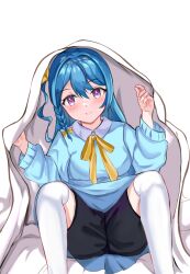 Rule 34 | 1girl, absurdres, bed, bed sheet, blanket, blue hair, blush, blush stickers, bow, closed mouth, commission, commissioner upload, highres, long hair, looking at viewer, purple eyes, ribbon, shorts, simple background, sitting, smile, thighhighs, thighs, under covers, v&amp;u entertainment, virtual youtuber, white background, zeli zuimu