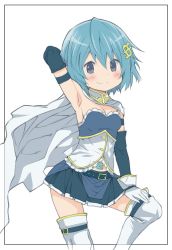 Rule 34 | 10s, 1girl, arm behind head, armband, armpits, bad id, bad twitter id, belt, blue eyes, blue hair, blue skirt, blush, buckle, cape, detached sleeves, fortissimo, gloves, hair ornament, hairclip, hand on own knee, highres, looking at viewer, magical girl, mahou shoujo madoka magica, mahou shoujo madoka magica (anime), matching hair/eyes, miki sayaka, musical note, musical note hair ornament, pleated skirt, saeki tatsuya, short hair, simple background, skirt, smile, solo, strapless, thighhighs, white background, white gloves, white thighhighs, zettai ryouiki