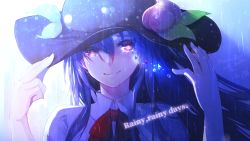 Rule 34 | 1girl, backlighting, bloom, blue hair, bow, bowtie, closed mouth, english text, hair between eyes, hands on headwear, hands up, hat, highres, hinanawi tenshi, long hair, looking at viewer, overexposure, peach hat ornament, portrait, rain, red bow, red bowtie, red eyes, shirt, sidelocks, smile, solo, sumi keiichi, tears, touhou, white shirt, wing collar