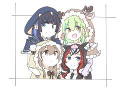 Rule 34 | 4girls, :d, animal hood, bear hood, black capelet, blue eyes, blue hair, brown capelet, brown eyes, brown hair, capelet, ceres fauna, chiisai, closed mouth, crossed bangs, deer hood, dot mouth, earrings, fur trim, green hair, hakos baelz, highres, holocouncil, hololive, hololive english, hood, jewelry, looking at viewer, looking up, mole, mole under eye, multicolored hair, multiple girls, nanashi mumei, official alternate costume, open mouth, ouro kronii, red hair, simple background, smile, snake hood, streaked hair, tasmanian devil ears, virtual youtuber, yellow eyes