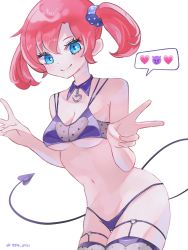 Rule 34 | 1girl, blue eyes, blush, breasts, cleavage, costume, demon tail, digimon, digimon story: cyber sleuth, double v, emoji, garter straps, highres, looking at viewer, medium breasts, nagoshi, navel, red hair, shiramine nokia, simple background, smile, solo, tail, twintails, underboob, v, white background