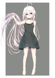Rule 34 | 1girl, aties20, bare arms, bare shoulders, barefoot, black choker, black dress, blue eyes, blush, choker, closed mouth, collarbone, commentary, dress, full body, grey background, hair between eyes, hands up, holding, holding own hair, ia (vocaloid), long hair, silver hair, sleeveless, sleeveless dress, solo, standing, two-tone background, very long hair, vocaloid, white background