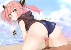 Rule 34 | 1girl, ass, azur lane, beach, blush, censored, commentary request, cowgirl position, cross, day, hair ornament, headband, iron cross, jacket, looking at viewer, medium hair, mosaic censoring, neet co., open mouth, penis, petite, pink hair, pussy, school swimsuit, sky, solo, solo focus, straddling, swimsuit, u-81 (azur lane), yellow eyes