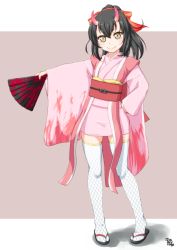 Rule 34 | 1girl, ayama yuiya, black hair, bow, copyright request, fang, fang out, geta, hair bow, hand fan, hand on own hip, horns, japanese clothes, kimono, looking at viewer, obi, oni, oni horns, pink kimono, ponytail, sandals, sash, short kimono, smile, solo, thighhighs, wide sleeves, yellow eyes, zettai ryouiki, zouri