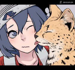 Rule 34 | 10s, 1girl, animal, animalization, blue eyes, blue hair, closed eyes, commentary, dated, grey background, hair between eyes, hat, highres, kaban (kemono friends), kemono friends, letterboxed, licking, licking another&#039;s cheek, licking another&#039;s face, nanakusa kayu, nanakusa kayu (kibou-girl), one eye closed, portrait, red shirt, serval, serval (kemono friends), shirt, short hair, simple background, wavy mouth, white hat