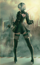 Rule 34 | 1girl, android, back cutout, black dress, black footwear, black gloves, black thighhighs, blindfold, boots, clothing cutout, covered eyes, dress, fingerless gloves, full body, gloves, headband, heart cutout, high heel boots, high heels, highres, holding, holding sword, holding weapon, long sleeves, nier (series), nier:automata, outdoors, profile, quest (artist), shoes, short hair, solo, sword, thigh boots, thighhighs, thighhighs under boots, weapon, white hair, 2b (nier:automata), zettai ryouiki