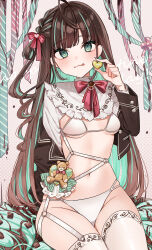 Rule 34 | 1girl, :3, :q, ahoge, aqua hair, bikini, black jacket, blunt bangs, blush, braid, breasts, breasts apart, brown hair, closed mouth, colored inner hair, cropped jacket, food, green eyes, hair ribbon, happy valentine, harness, highres, ice cream, jacket, long hair, long sleeves, looking at viewer, multicolored hair, navel, neck ribbon, omaru (0marufestival), open clothes, open jacket, original, red ribbon, ribbon, side braid, sitting, skindentation, small breasts, smile, solo, stuffed animal, stuffed toy, swimsuit, teddy bear, thighhighs, tongue, tongue out, two-tone hair, underboob, very long hair, white bikini, white thighhighs