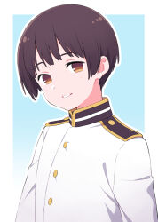 Rule 34 | 1boy, axis powers hetalia, blue background, brown eyes, brown hair, commentary request, highres, jacket, japan (hetalia), kusumoto shizuru, looking at viewer, male focus, military jacket, outline, smile, solo, two-tone background, upper body, white background, white jacket, white outline