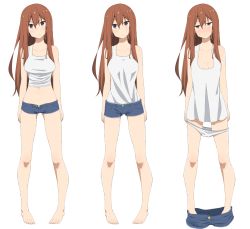 Rule 34 | 1girl, bad id, bad pixiv id, bare shoulders, barefoot, breasts, brown eyes, brown hair, cleavage, closed mouth, clothes pull, collarbone, commentary request, crop top, denim, denim shorts, embarrassed, full body, head tilt, legs apart, long hair, looking at viewer, loose clothes, loose shirt, medium breasts, micro shorts, multiple views, navel, original, panties, panty pull, pigeon-toed, salpin, shirt, short shorts, shorts, shorts pull, simple background, standing, stomach, sweatdrop, tank top, underwear, white background, white panties