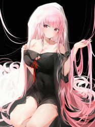 Rule 34 | 1girl, absurdly long hair, absurdres, bare shoulders, black background, black dress, blunt bangs, blush, breasts, cleavage, closed mouth, collarbone, commentary request, covered navel, dress, hands up, highres, holding, holding hair, hololive, hololive english, huge filesize, large breasts, long hair, looking at viewer, mori calliope, off-shoulder dress, off shoulder, pink eyes, pink hair, short sleeves, silver (chenwen), simple background, sitting, solo, veil, very long hair, virtual youtuber