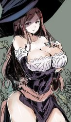 Rule 34 | 1girl, bare shoulders, breast hold, breasts, brown hair, cleavage, collarbone, commentary, dragon&#039;s crown, hand on own chest, hat, highres, large breasts, long hair, parted lips, pelvic curtain, sketch, solo, sorceress (dragon&#039;s crown), sumisu (mondo), witch hat