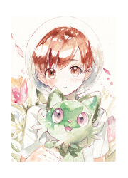 1boy blush border brown_eyes brown_hair closed_mouth commentary_request creatures_(company) falling_petals fantasydolce florian_(pokemon) flower game_freak hat highres holding holding_pokemon looking_at_viewer male_focus nintendo painting_(medium) petals pokemon pokemon_(creature) pokemon_sv shirt short_hair short_sleeves sprigatito traditional_media watercolor_(medium) white_border white_shirt