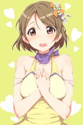 Rule 34 | 10s, 1girl, bare shoulders, blush, breasts, brown hair, clearite, dress, hair ornament, hands on own chest, heart, jewelry, koizumi hanayo, looking at viewer, love live!, love live! school idol project, medium breasts, necklace, open mouth, purple eyes, short hair, solo, yellow dress