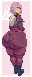 Rule 34 | 1girl, absurdres, armband, ass, back, bambooale, bodysuit, boots, curvy, from behind, highres, huge ass, kitakami midori, looking at viewer, looking back, neon genesis evangelion, pink hair, short hair, solo, thick thighs, thighs, tight clothes, wide hips