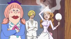 Rule 34 | 1boy, 2girls, animated, animated gif, blonde hair, blush, brown eyes, brown hair, charlotte chiffon, charlotte pudding, long hair, moaning, multiple girls, one piece, sanji (one piece), short hair, siblings, sisters, smile, standing, sweat, twintails