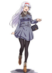 Rule 34 | 1girl, bag, black pantyhose, blush, boots, brown eyes, brown footwear, coat, full body, grey coat, headband, ishii hisao, kantai collection, long hair, long sleeves, open mouth, pantyhose, red headband, shoukaku (kancolle), shoulder bag, simple background, smile, solo, teeth, upper teeth only, white background, white hair