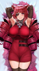 Rule 34 | 1girl, absurdres, animal ear fluff, animal ears, armpits, artificial eye, blush, breasts, cat ears, choker, commentary, cross, cross necklace, dress, drill hair, elbow gloves, gloves, highres, iron cross, jewelry, large breasts, long hair, looking at viewer, mechanical eye, necklace, pencil dress, quad drills, red dress, red eyes, red hair, ringlets, short dress, sidelocks, smile, solo, stella hoshii, t3x, thighhighs, thighs, va-11 hall-a, very long hair