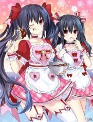 Rule 34 | 2girls, black hair, bowl, breasts, chocolate, chocolate on face, collar, collarbone, dress, food, food on face, frilled collar, frills, garter straps, hair between eyes, hair ornament, hair ribbon, highres, holding, holding bowl, holding whisk, lewdkuma, long hair, looking at viewer, medium breasts, mega miracle force, mixing bowl, multiple girls, neptune (series), noire (neptunia), open mouth, orange background, pastry bag, pink background, red dress, red eyes, ribbon, siblings, sidelocks, signature, sisters, small breasts, smile, thighhighs, tongue, tongue out, tsudere, twintails, uni (neptunia), valentine, whisk, wrist cuffs, yellow background, zettai ryouiki