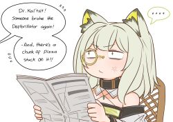 Rule 34 | ..., 1girl, anger vein, animal ear fluff, animal ears, arknights, bags under eyes, bare shoulders, chair, closed mouth, commentary, dress, english commentary, english text, flying sweatdrops, green dress, green eyes, grey hair, grey jacket, guin guin, highres, holding, jacket, kal&#039;tsit (arknights), monocle, newspaper, off-shoulder jacket, off shoulder, on chair, simple background, solo, spoken ellipsis, upper body, v-shaped eyebrows, white background, wide-eyed