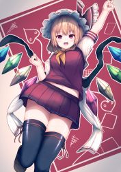 Rule 34 | 1girl, arm up, bad id, bad pixiv id, black thighhighs, blonde hair, blush, breasts, clenched hand, commentary request, crystal, darumoon, fang, flandre scarlet, hair ribbon, hand up, happy, highres, index finger raised, laevatein, leg up, looking at viewer, medium breasts, medium hair, midriff peek, miniskirt, navel, pleated skirt, red eyes, red ribbon, red skirt, red vest, ribbon, shirt, side ponytail, skindentation, skirt, smile, solo, thighhighs, touhou, vampire, vest, white headwear, white shirt, wings, yellow neckwear