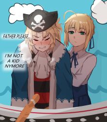 Rule 34 | 2girls, absurdres, ahoge, alternate costume, artoria pendragon (all), artoria pendragon (fate), black headwear, blonde hair, blush, bow, braid, closed eyes, closed mouth, coat, embarrassed, english text, fate/grand order, fate/stay night, fate (series), green eyes, hair between eyes, hair ribbon, hat, hh (hehexd06161704), highres, lifting person, long hair, long sleeves, looking at another, mordred (fate), mordred (fate/apocrypha), mother and daughter, multiple girls, pirate costume, pirate hat, ponytail, ribbon, saber (fate), shirt, short hair, sidelocks, skirt, upper body, white shirt