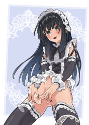 Rule 34 | 1boy, bare shoulders, black bow, black eyes, black hair, black lips, black nails, black ribbon, blue background, blush, bow, crossdressing, cum, cum string, cumdrip, cup, detached sleeves, ejaculation, fingernails, frills, hair between eyes, highres, holding, holding cup, lipstick, lock, long hair, looking at penis, looking down, maid, maid headdress, makeup, matching hair/eyes, moyashimon, mubo, nail polish, navel, parted lips, patterned background, penis, ribbon, sidelocks, simple background, small penis, straight hair, sweat, testicles, thighhighs, trap, two-tone background, white background, yuuki kei